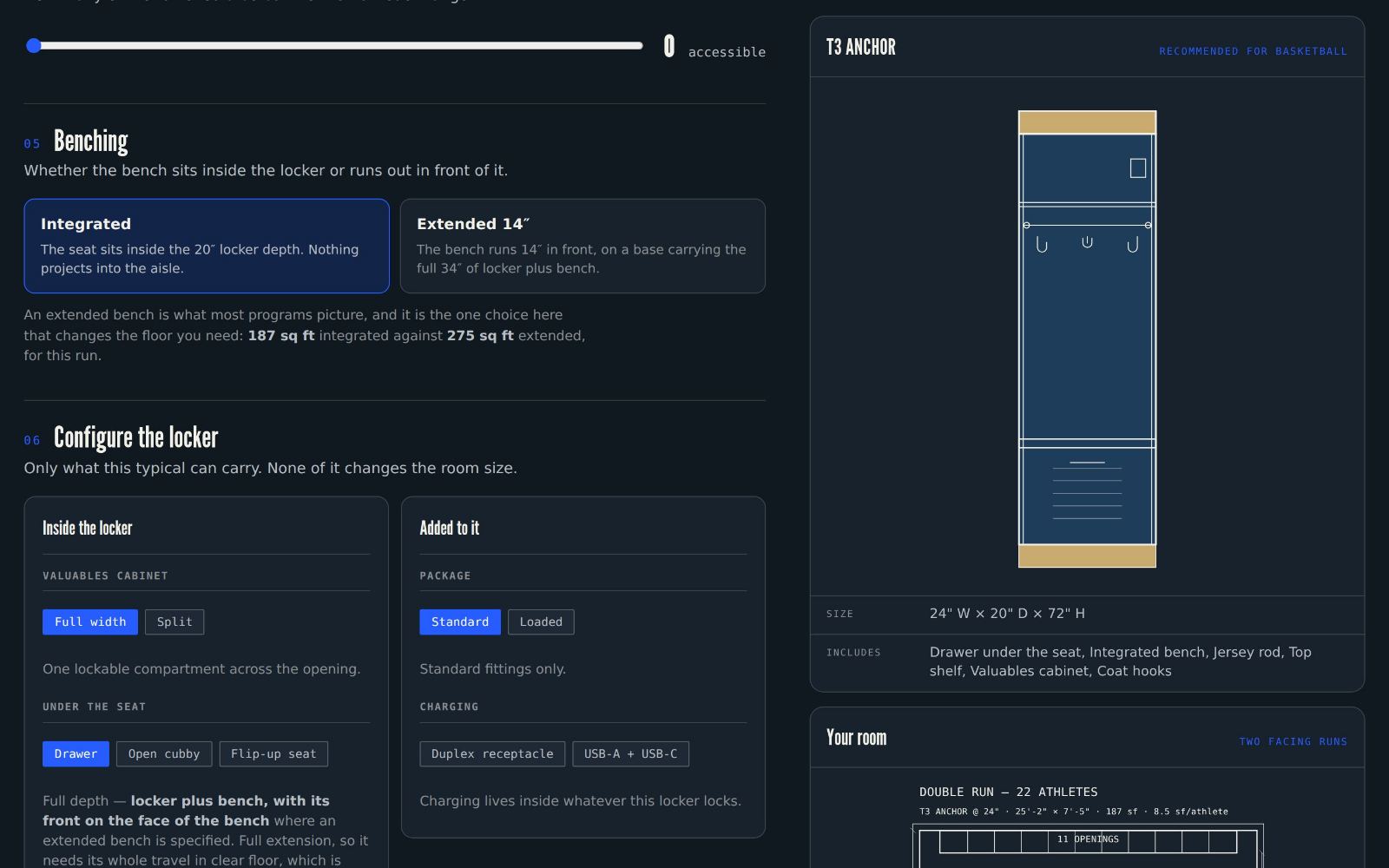 A screen from the build your locker room tool